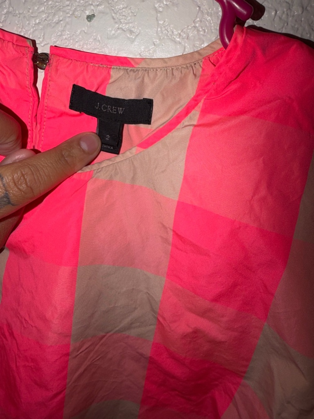 J. Crew Neon Pink and Beige Check Puff-Sleeve Blouse - Picture 3 of 4